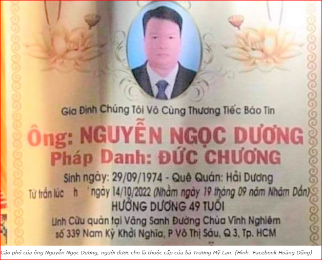 Mạng xã hội vài ngày qua lan truyền hình chụp bản cáo phó của ông Nguyễn Ngọc Dương, hưởng dương 49 tuổi, được cho là thuộc cấp của bà Trương Mỹ Lan.